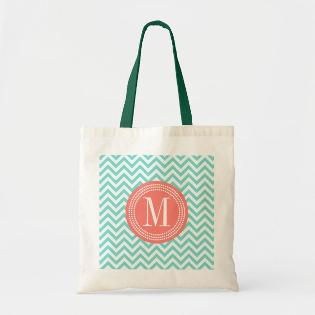 Aqua Chevron Zigzag Personalized Monogram Tote Bag (Front)