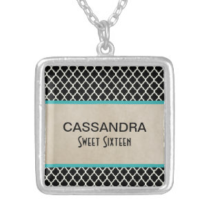 Aqua Chic Quatrefoil Sweet 16 Necklace