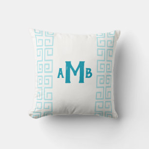 Aqua Chinoiserie Wide Greek Key Stripe Monogram Throw Pillow