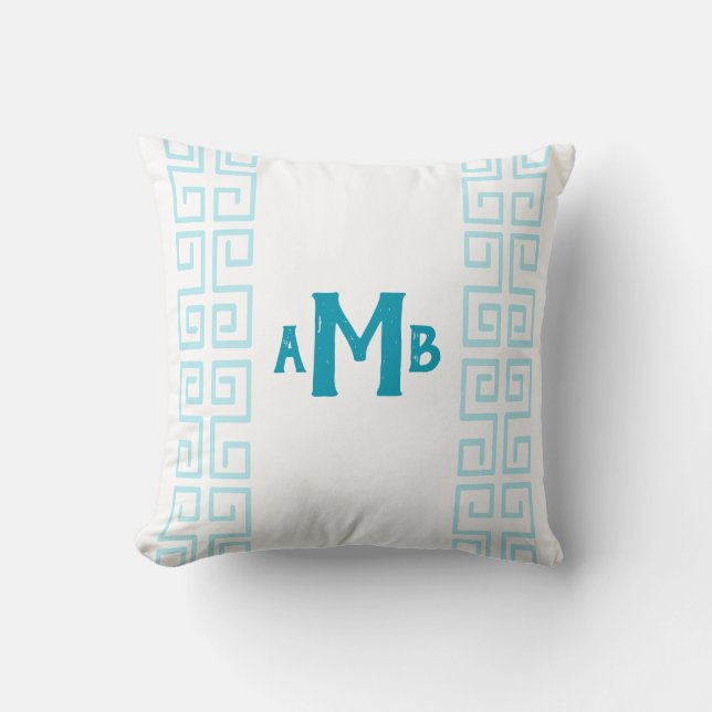 Aqua Chinoiserie Wide Greek Key Stripe Monogram Throw Pillow (Front)