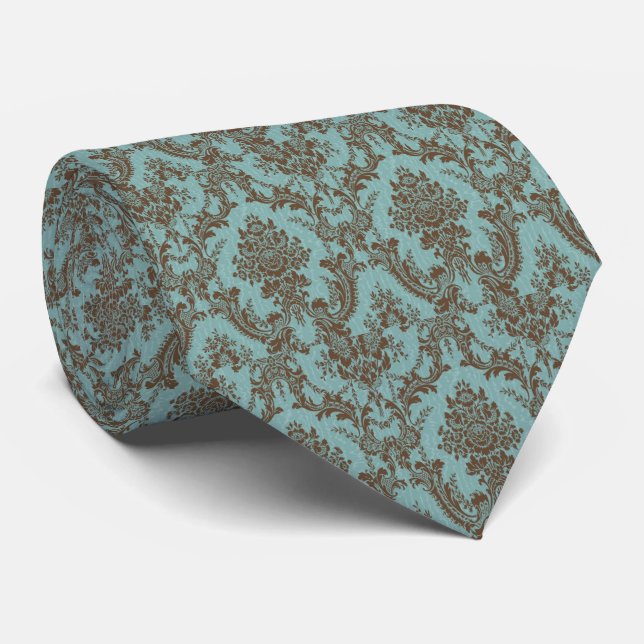 Aqua Chocolate Damask Neck Tie (Rolled)