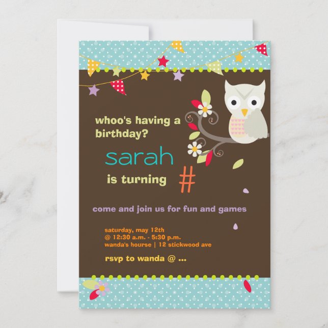 Aqua/Chocolate Owl Personalized Birthday Party Invitation (Front)