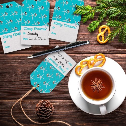 Aqua Christmas Gift Tags Starfish and Ornament 