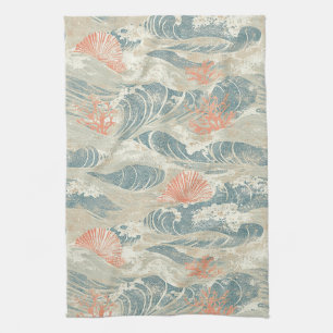 Aqua Coastal Seashell Starfish Wave Pattern Kitchen Towel