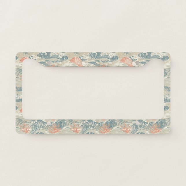 Aqua Coastal Seashell Starfish Wave Pattern License Plate Frame (Front)