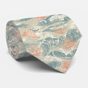 Aqua Coastal Seashell Starfish Wave Pattern Neck Tie