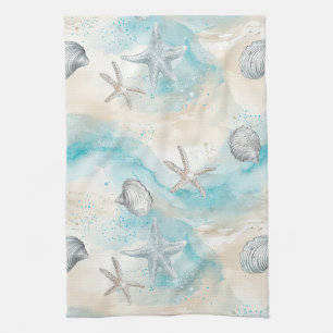 Aqua Coastal Seashells & Sparkle Starfish (2) Kitchen Towel