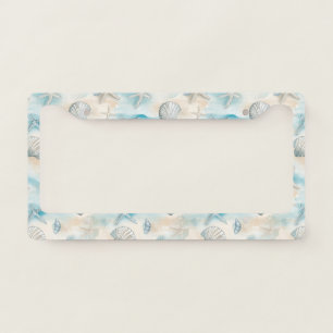 Aqua Coastal Seashells & Sparkle Starfish (3) License Plate Frame