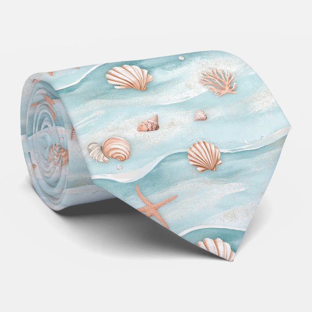 Aqua Coastal Seashells & Sparkle Starfish (4) Neck Tie (Rolled)