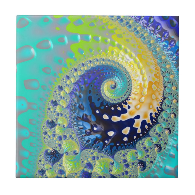 Aqua Cobalt and Yellow Spiral Fractal Abstract Ceramic Tile (Front)