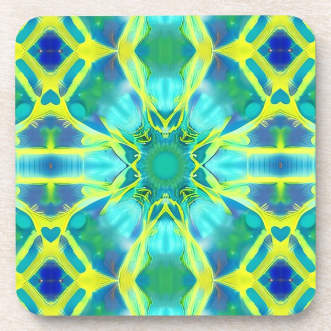 Aqua, Cobalt Blue and Yellow Tie Dye Pattern  Beverage Coaster (Front)
