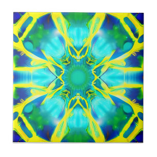 Aqua, Cobalt Blue and Yellow Tie Dye Pattern Ceramic Tile