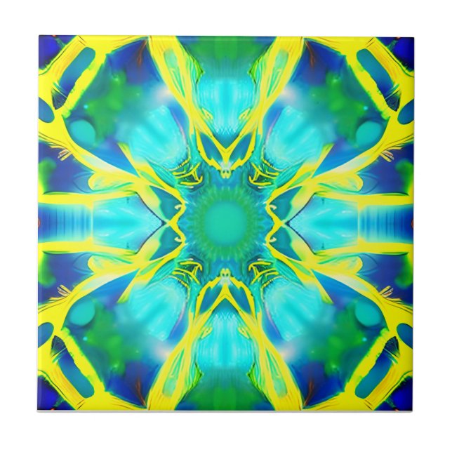 Aqua, Cobalt Blue and Yellow Tie Dye Pattern Ceramic Tile (Front)