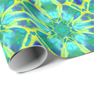 Aqua, Cobalt Blue and Yellow Tie Dye Pattern Wrapping Paper