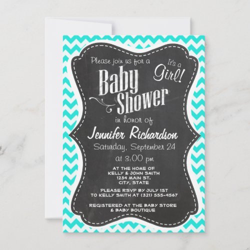 Aqua Color Chevron; Vintage Chalkboard look Personalized Invitation