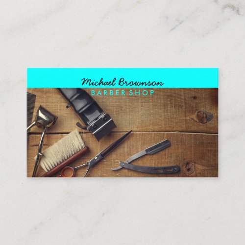 Aqua Color Teal Scissor Razor Barbershop Photo Business Card