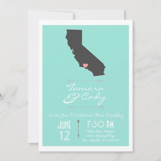 Aqua Colored Ventura California Wedding Invitation (Front)