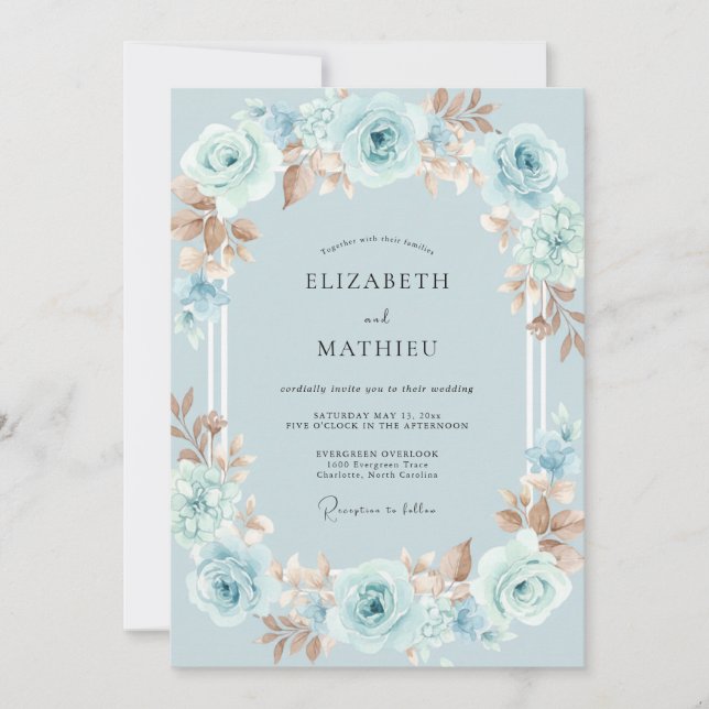 Aqua Copper Rose Wedding Invitation (Front)