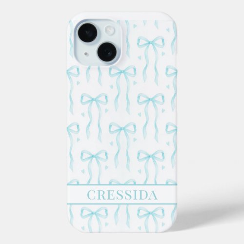 Aqua Coquette Bows Monogrammed iPhone 15 Case