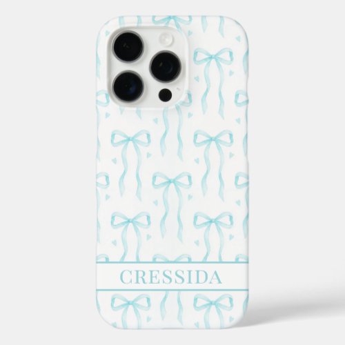 Aqua Coquette Bows Monogrammed iPhone 16 Pro Case