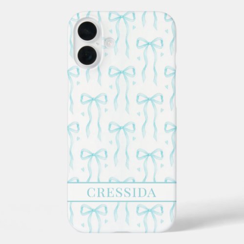 Aqua Coquette Bows Monogrammed iPhone 16 Plus Case