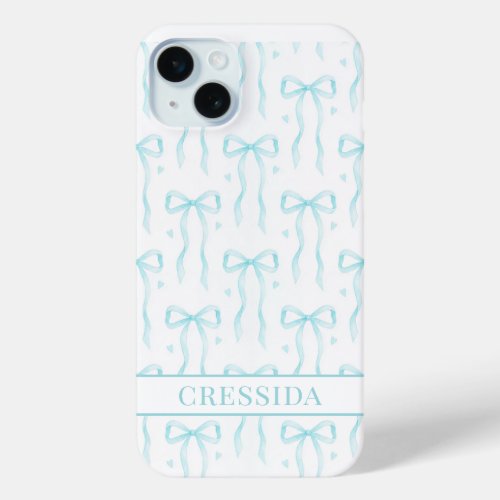 Aqua Coquette Bows Monogrammed iPhone 15 Plus Case