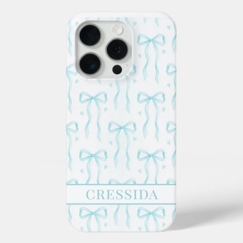 Aqua Coquette Bows Monogrammed iPhone 15 Pro Case