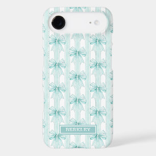 Aqua Coquette Bows on Stripes Monogrammed Case-Mat iPhone 17 Air Case