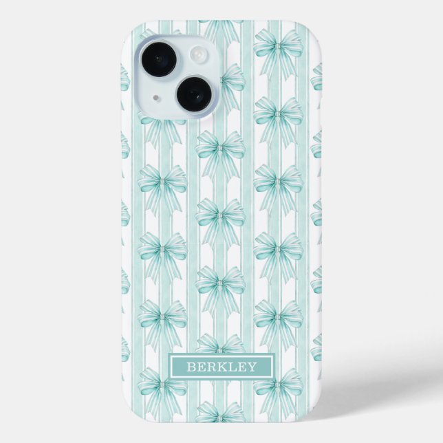 Aqua Coquette Bows on Stripes Monogrammed Case-Mate iPhone Case (Back)