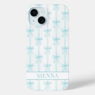 Aqua Coquette Bows Striped Monogrammed iPhone 15 Case