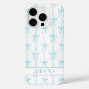 Aqua Coquette Bows Striped Monogrammed iPhone 16 Pro Case