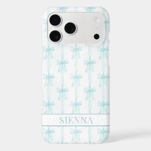 Aqua Coquette Bows Striped Monogrammed iPhone 17 Pro Max Case
