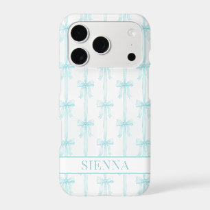 Aqua Coquette Bows Striped Monogrammed iPhone 17 Pro Case