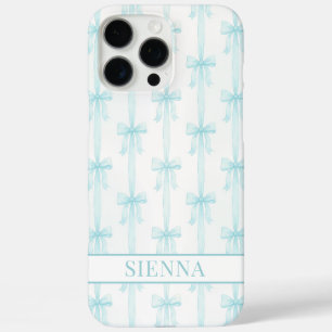 Aqua Coquette Bows Striped Monogrammed iPhone 16 Pro Max Case
