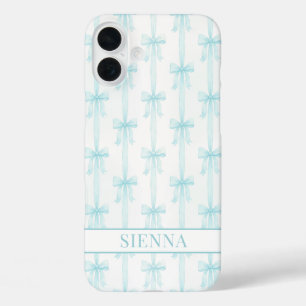 Aqua Coquette Bows Striped Monogrammed iPhone 16 Plus Case