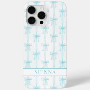 Aqua Coquette Bows Striped Monogrammed iPhone 15 Pro Max Case