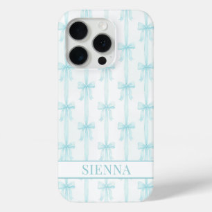 Aqua Coquette Bows Striped Monogrammed iPhone 15 Pro Case