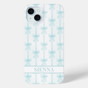 Aqua Coquette Bows Striped Monogrammed iPhone 15 Plus Case