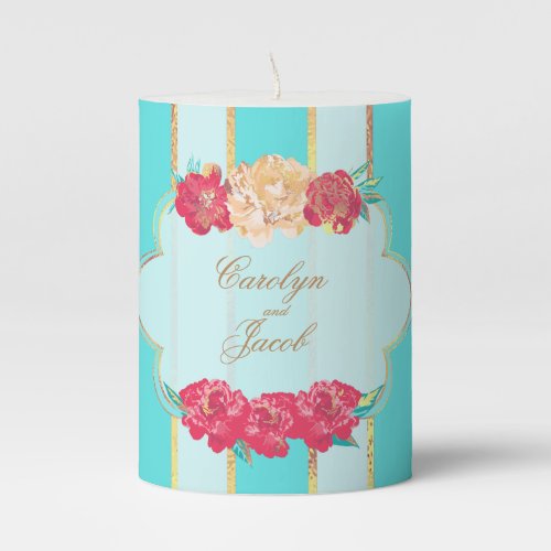 Aqua Coral and Gold Floral Wedding Pillar Candle