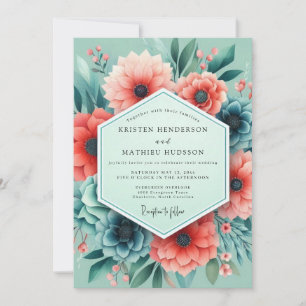 Aqua Coral Artistic Bloom Wedding Invitation