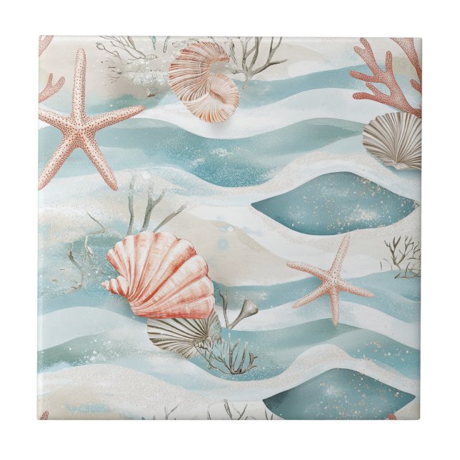 Aqua Coral Botanical Coastal Pattern Ceramic Tile (Front)