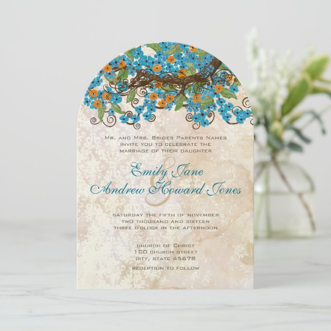 Aqua & Coral Cherry Blossom Tea Stain Invitations (Standing Front)