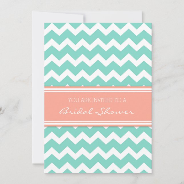 Aqua Coral Chevron Bridal Shower Invitation Cards (Front)