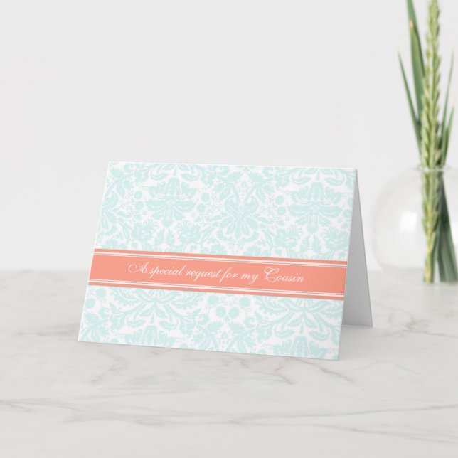 Aqua Coral Damask Cousin Bridesmaid Invitation (Front)