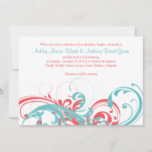 Aqua Coral Floral Destination Wedding Invitation