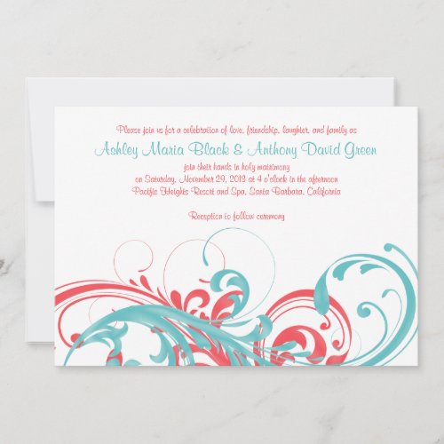Aqua Coral Floral Destination Wedding Invitation