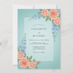 Aqua Coral Floral Romance Wedding Invitation