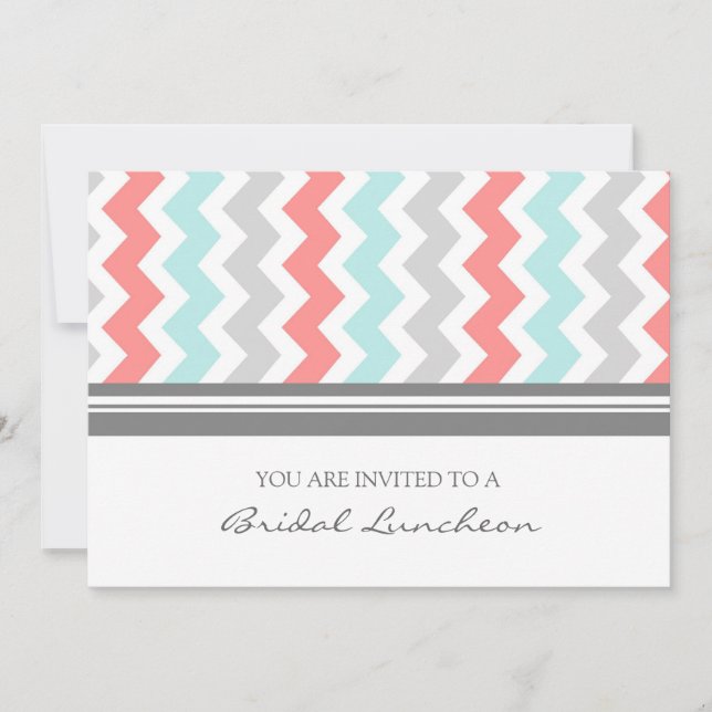 Aqua Coral Gray Chevron Bridal Lunch Invitation (Front)