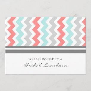 Aqua Coral Gray Chevron Bridal Lunch Invitation