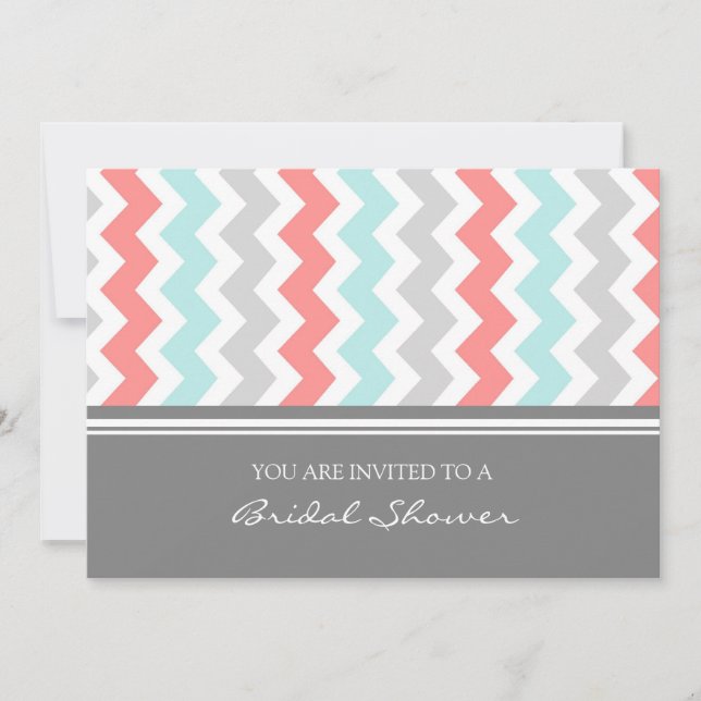 Aqua Coral Gray Chevron Bridal Shower Invitation (Front)